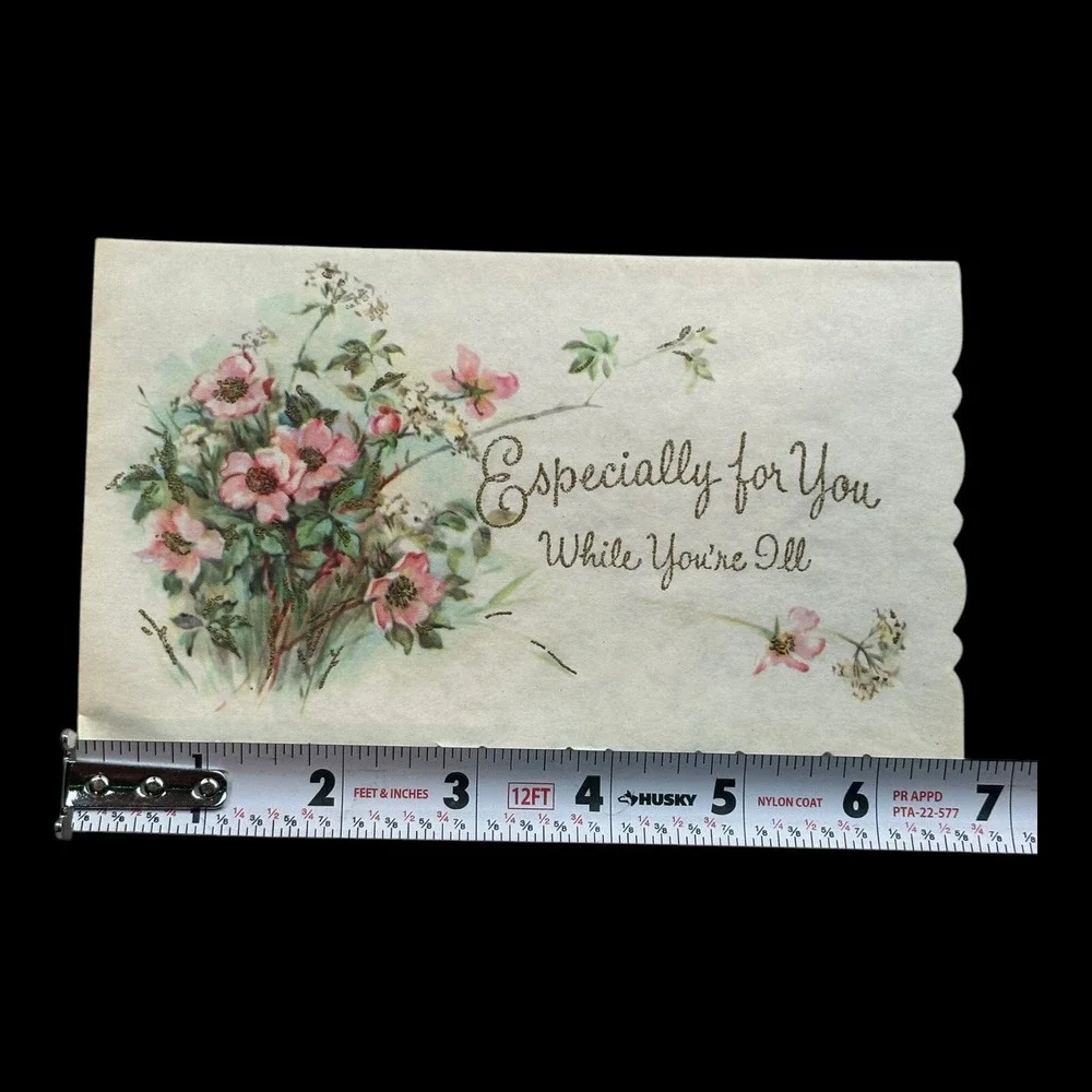 Get Well Floral Greeting Card NO ENVELOPE Parchment Paper Glitter Coronation VTG